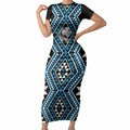 New Zealand Kikorangi Taniko Motifs Short Sleeve Bodycon Dress Maori Poi Dance Costume Inspired