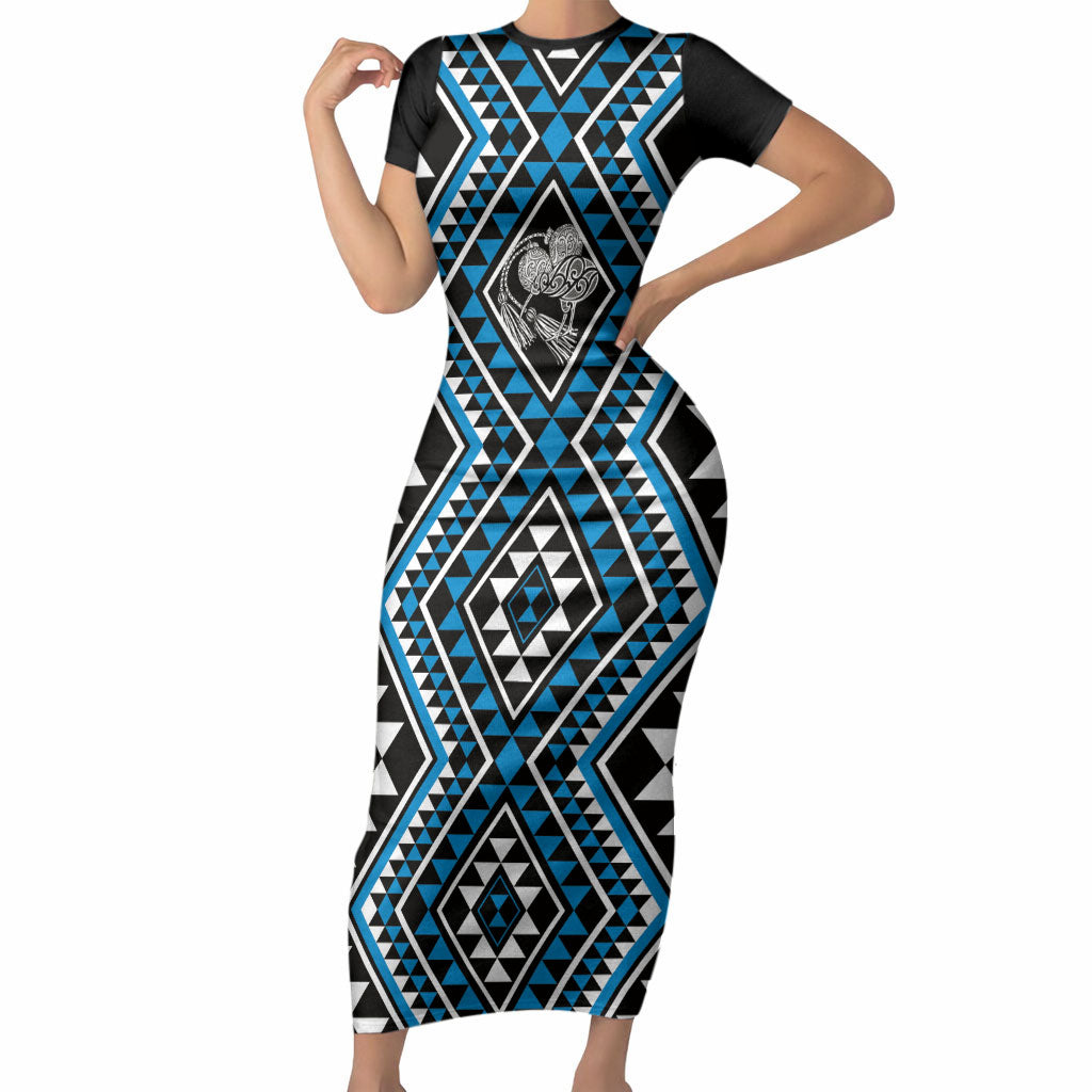 New Zealand Kikorangi Taniko Motifs Short Sleeve Bodycon Dress Maori Poi Dance Costume Inspired
