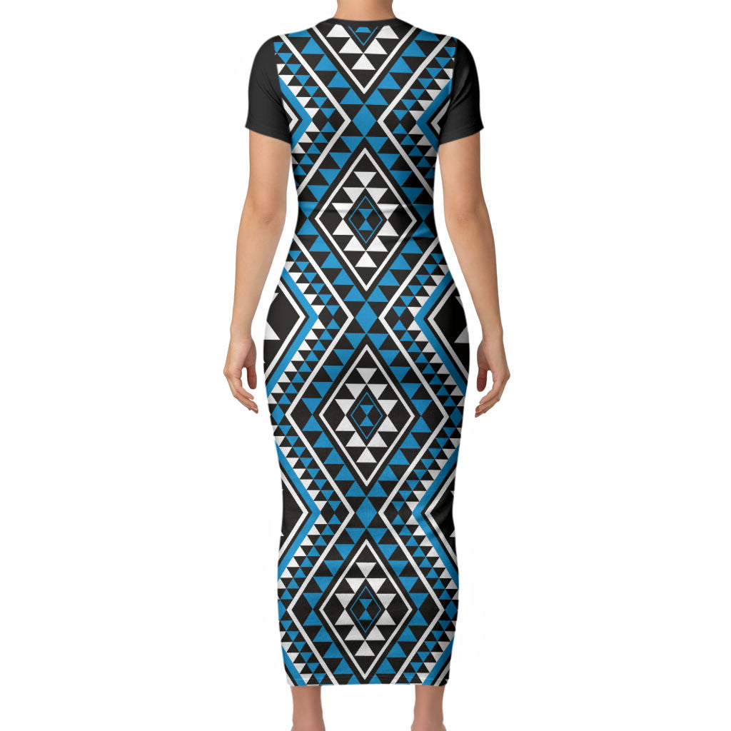 New Zealand Kikorangi Taniko Motifs Short Sleeve Bodycon Dress Maori Poi Dance Costume Inspired