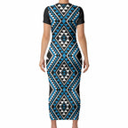 New Zealand Kikorangi Taniko Motifs Short Sleeve Bodycon Dress Maori Poi Dance Costume Inspired