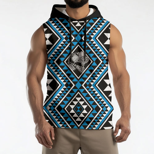 New Zealand Kikorangi Taniko Motifs Sleeveless Hoodie Maori Poi Dance Costume Inspired