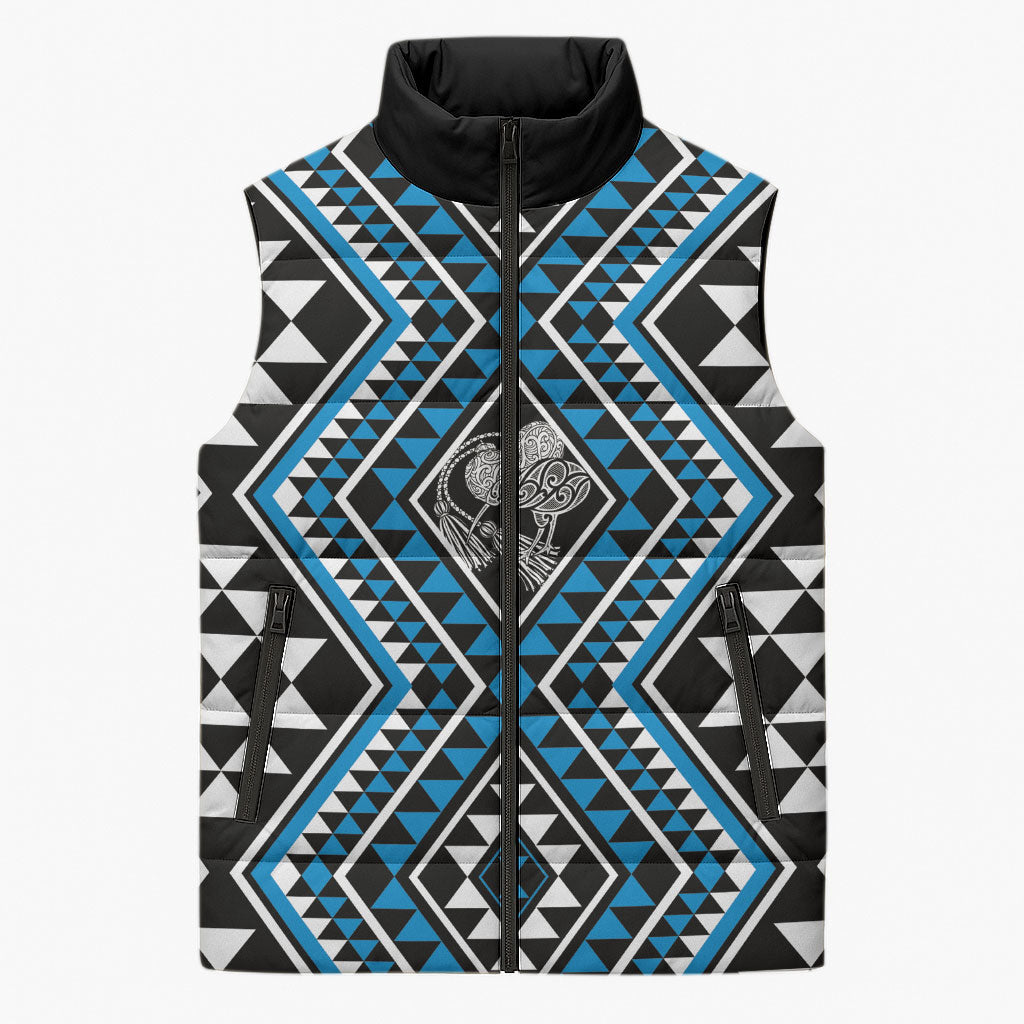 New Zealand Kikorangi Taniko Motifs Sleeveless Puffer Jacket Maori Poi Dance Costume Inspired