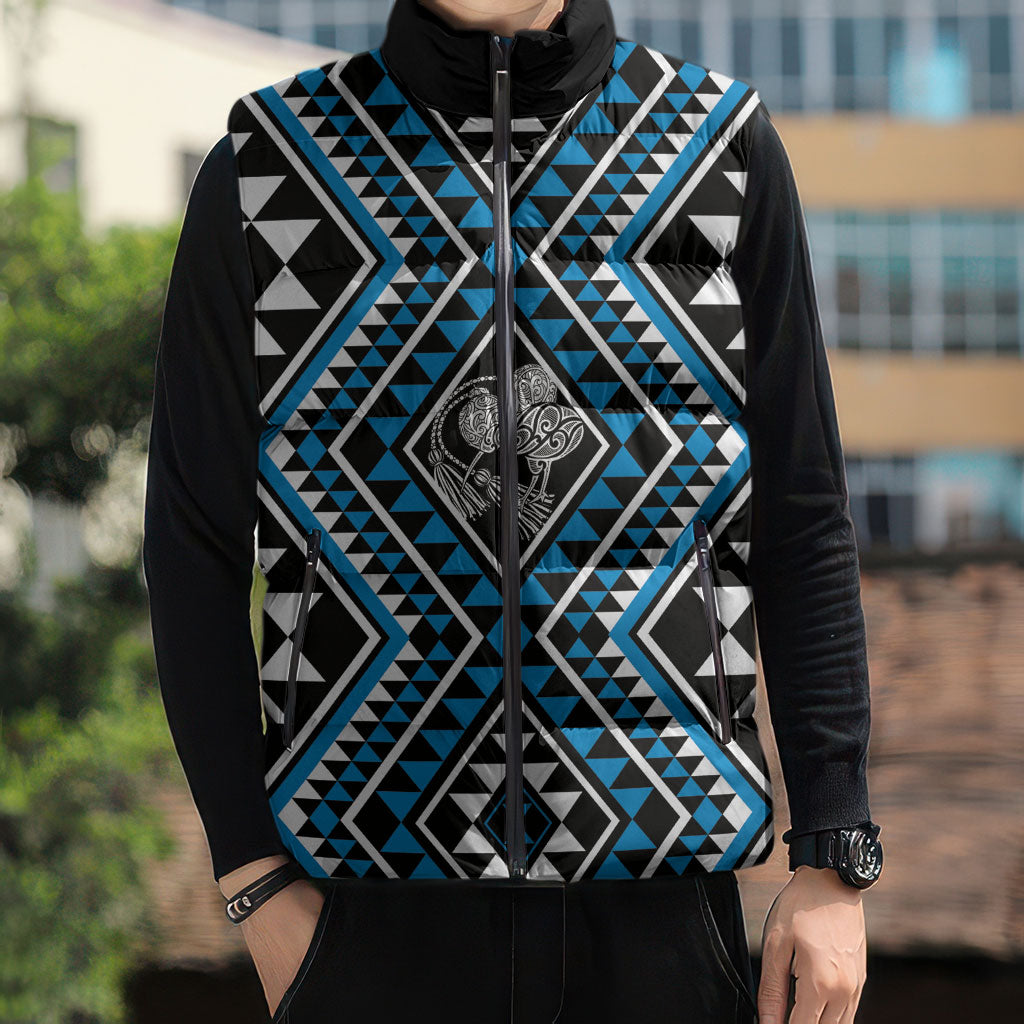 New Zealand Kikorangi Taniko Motifs Sleeveless Puffer Jacket Maori Poi Dance Costume Inspired
