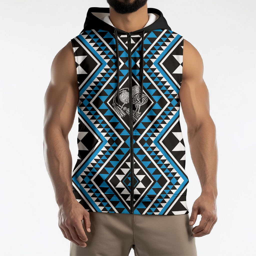 New Zealand Kikorangi Taniko Motifs Sleeveless Zip Hoodie Maori Poi Dance Costume Inspired