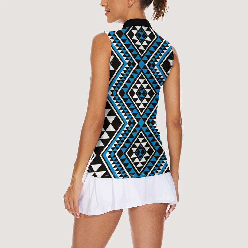 New Zealand Kikorangi Taniko Motifs Women Sleeveless Polo Shirt Maori Poi Dance Costume Inspired