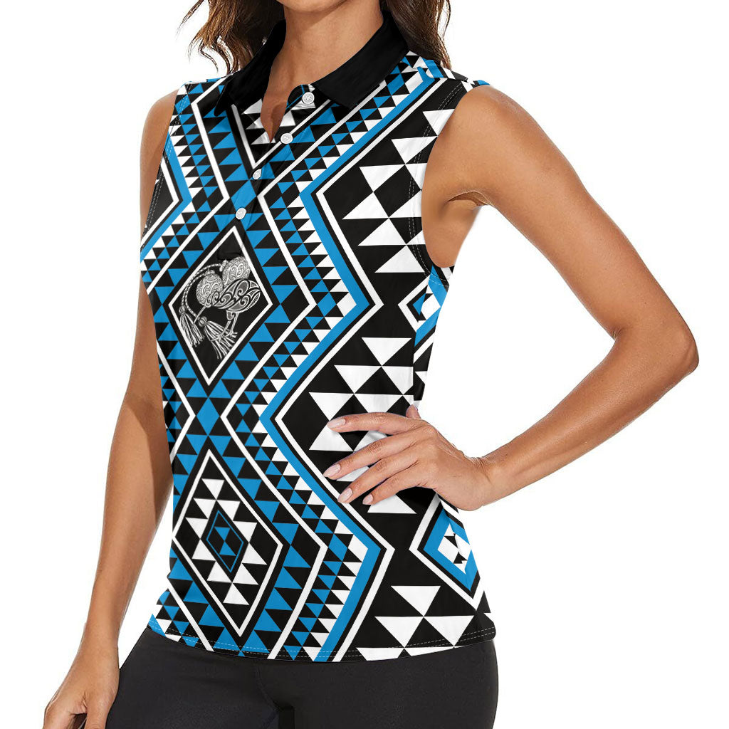 New Zealand Kikorangi Taniko Motifs Women Sleeveless Polo Shirt Maori Poi Dance Costume Inspired