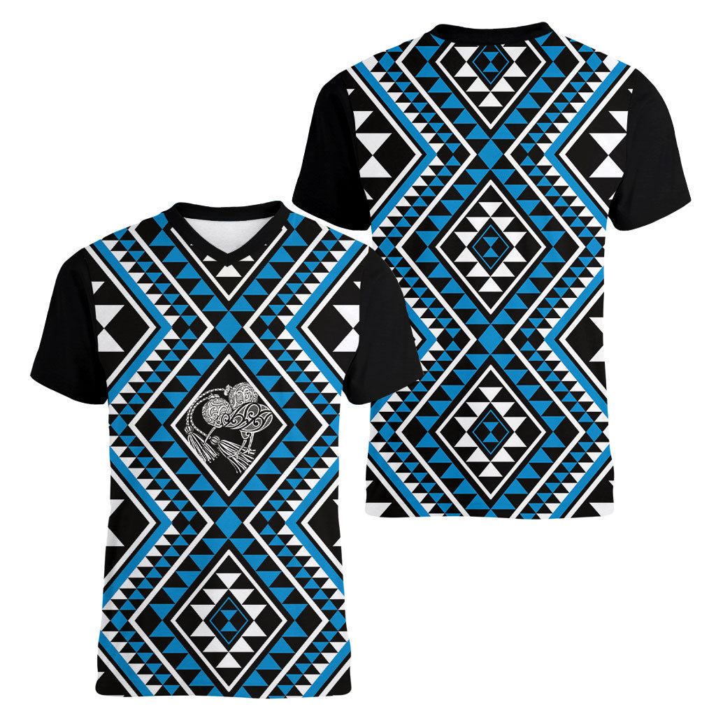 New Zealand Kikorangi Taniko Motifs Women V-Neck T-Shirt Maori Poi Dance Costume Inspired