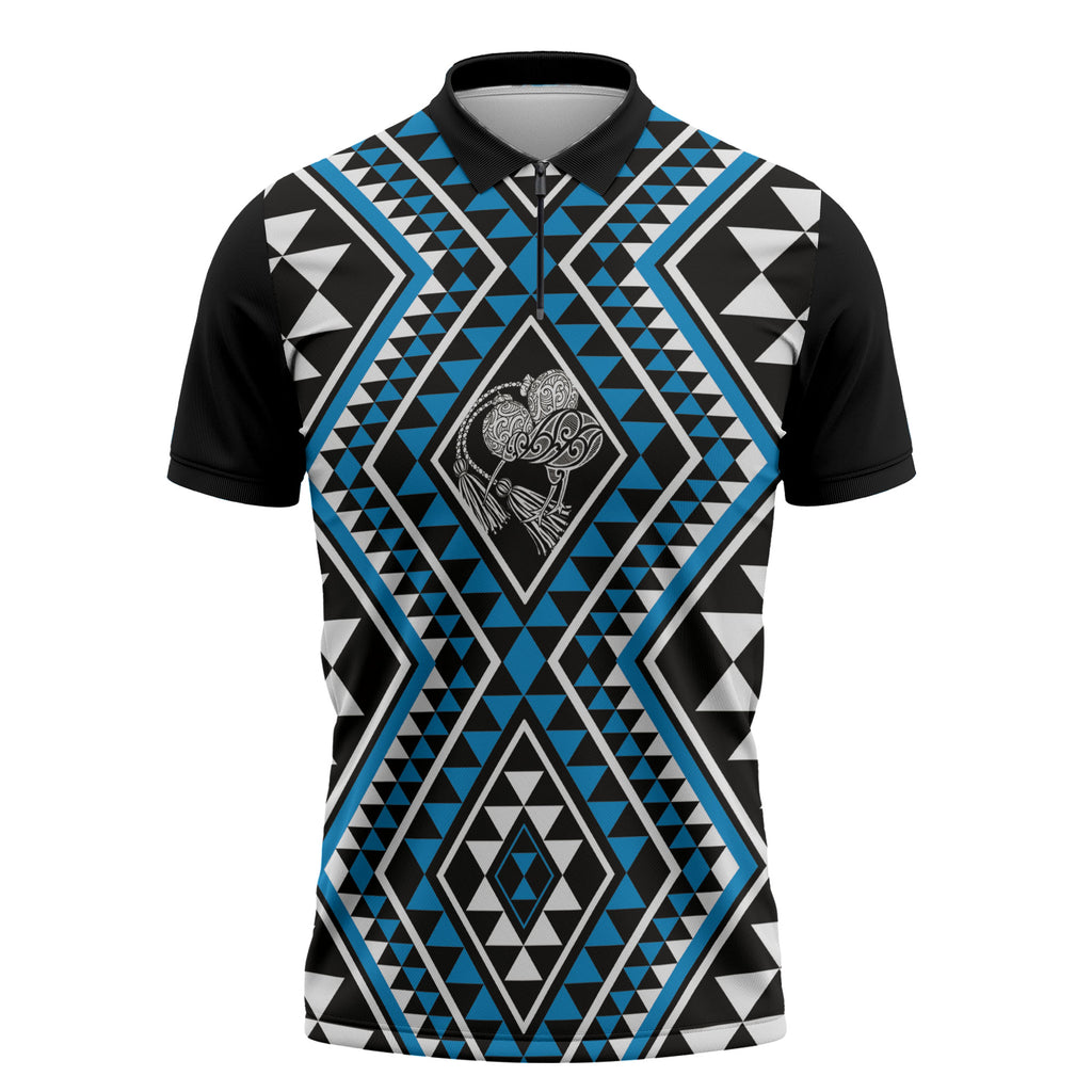 New Zealand Kikorangi Taniko Motifs Zipper Polo Shirt Maori Poi Dance Costume Inspired