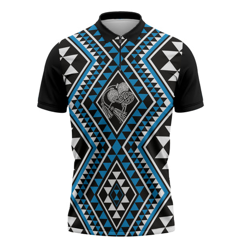 New Zealand Kikorangi Taniko Motifs Zipper Polo Shirt Maori Poi Dance Costume Inspired
