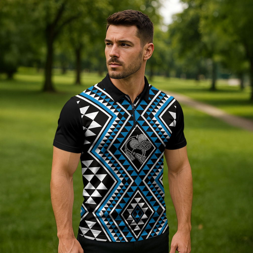 New Zealand Kikorangi Taniko Motifs Zipper Polo Shirt Maori Poi Dance Costume Inspired