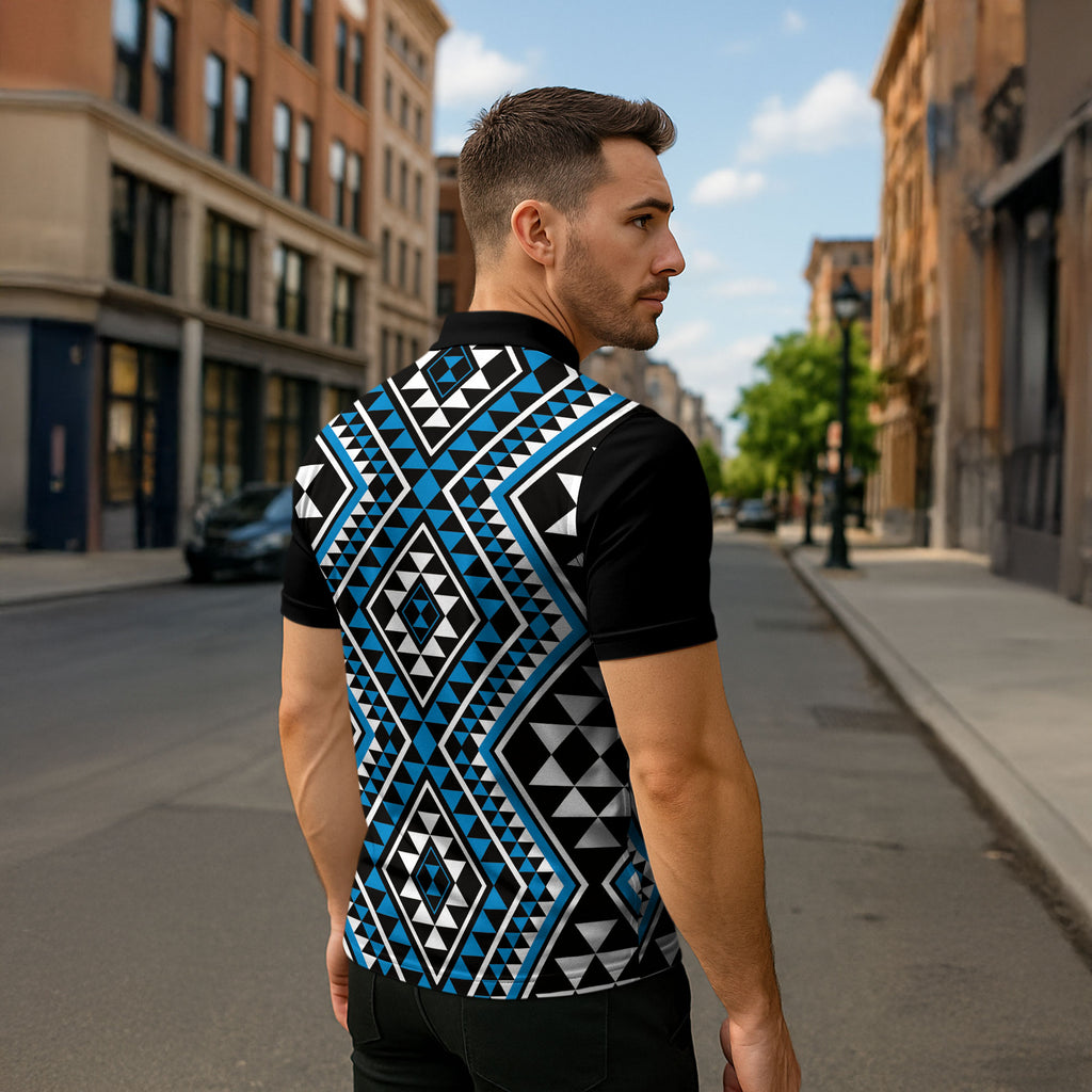 New Zealand Kikorangi Taniko Motifs Zipper Polo Shirt Maori Poi Dance Costume Inspired