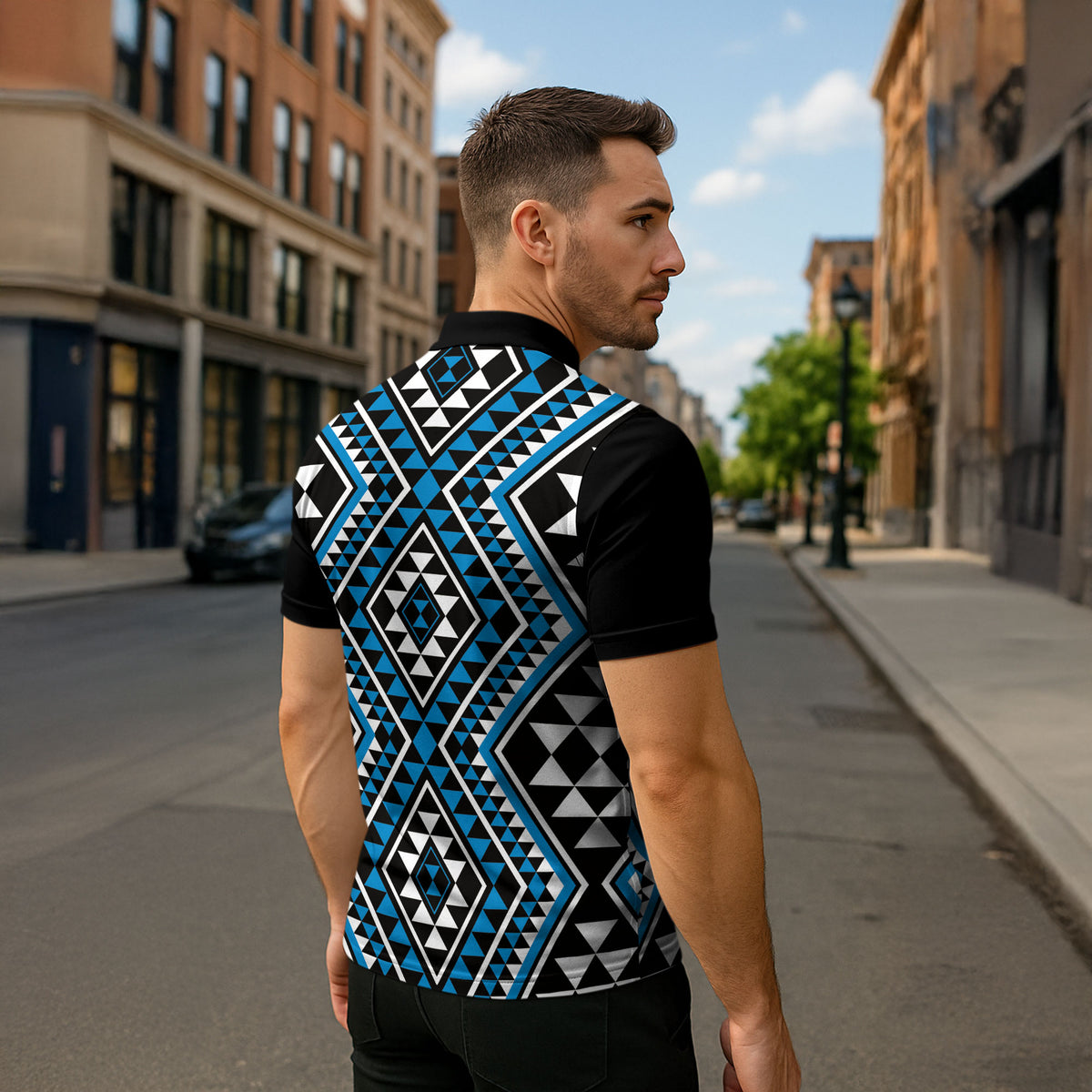 New Zealand Kikorangi Taniko Motifs Zipper Polo Shirt Maori Poi Dance Costume Inspired