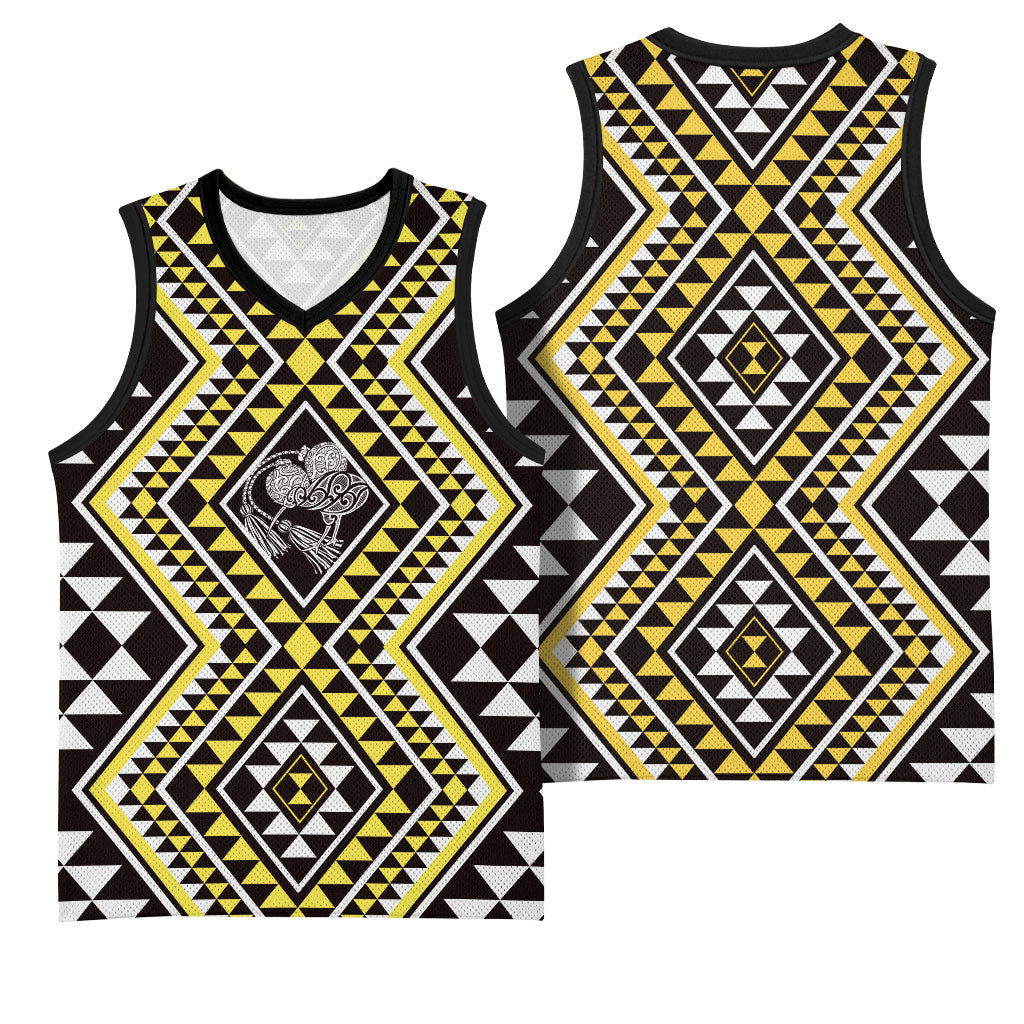 New Zealand Kowhai Taniko Motifs Basketball Jersey Maori Poi Dance Costume Inspired
