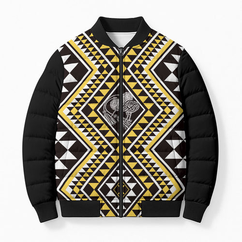 New Zealand Kowhai Taniko Motifs Bomber Puffer Jacket Maori Poi Dance Costume Inspired