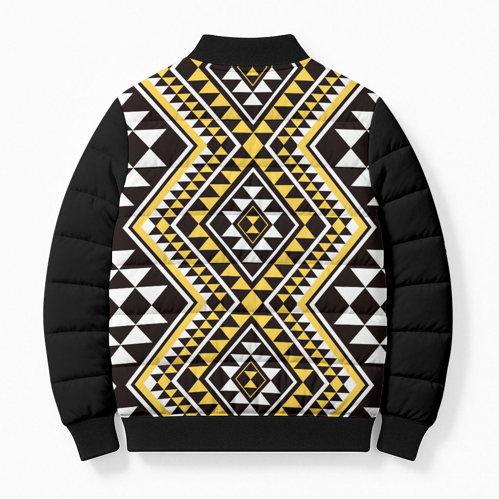 New Zealand Kowhai Taniko Motifs Bomber Puffer Jacket Maori Poi Dance Costume Inspired