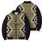 New Zealand Kowhai Taniko Motifs Bomber Puffer Jacket Maori Poi Dance Costume Inspired