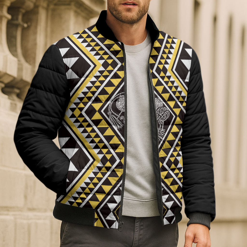 New Zealand Kowhai Taniko Motifs Bomber Puffer Jacket Maori Poi Dance Costume Inspired