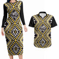 New Zealand Kowhai Taniko Motifs Couples Matching Long Sleeve Bodycon Dress and Hawaiian Shirt Maori Poi Dance Costume Inspired