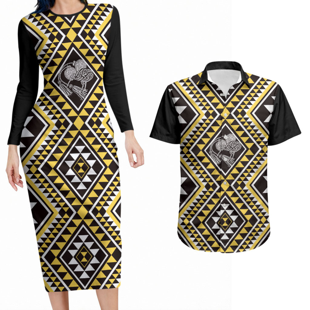 New Zealand Kowhai Taniko Motifs Couples Matching Long Sleeve Bodycon Dress and Hawaiian Shirt Maori Poi Dance Costume Inspired