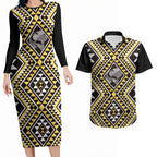 New Zealand Kowhai Taniko Motifs Couples Matching Long Sleeve Bodycon Dress and Hawaiian Shirt Maori Poi Dance Costume Inspired