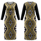 New Zealand Kowhai Taniko Motifs Couples Matching Long Sleeve Bodycon Dress and Hawaiian Shirt Maori Poi Dance Costume Inspired