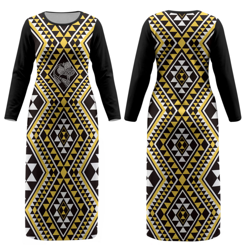 New Zealand Kowhai Taniko Motifs Couples Matching Long Sleeve Bodycon Dress and Hawaiian Shirt Maori Poi Dance Costume Inspired