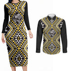 New Zealand Kowhai Taniko Motifs Couples Matching Long Sleeve Bodycon Dress and Long Sleeve Button Shirt Maori Poi Dance Costume Inspired