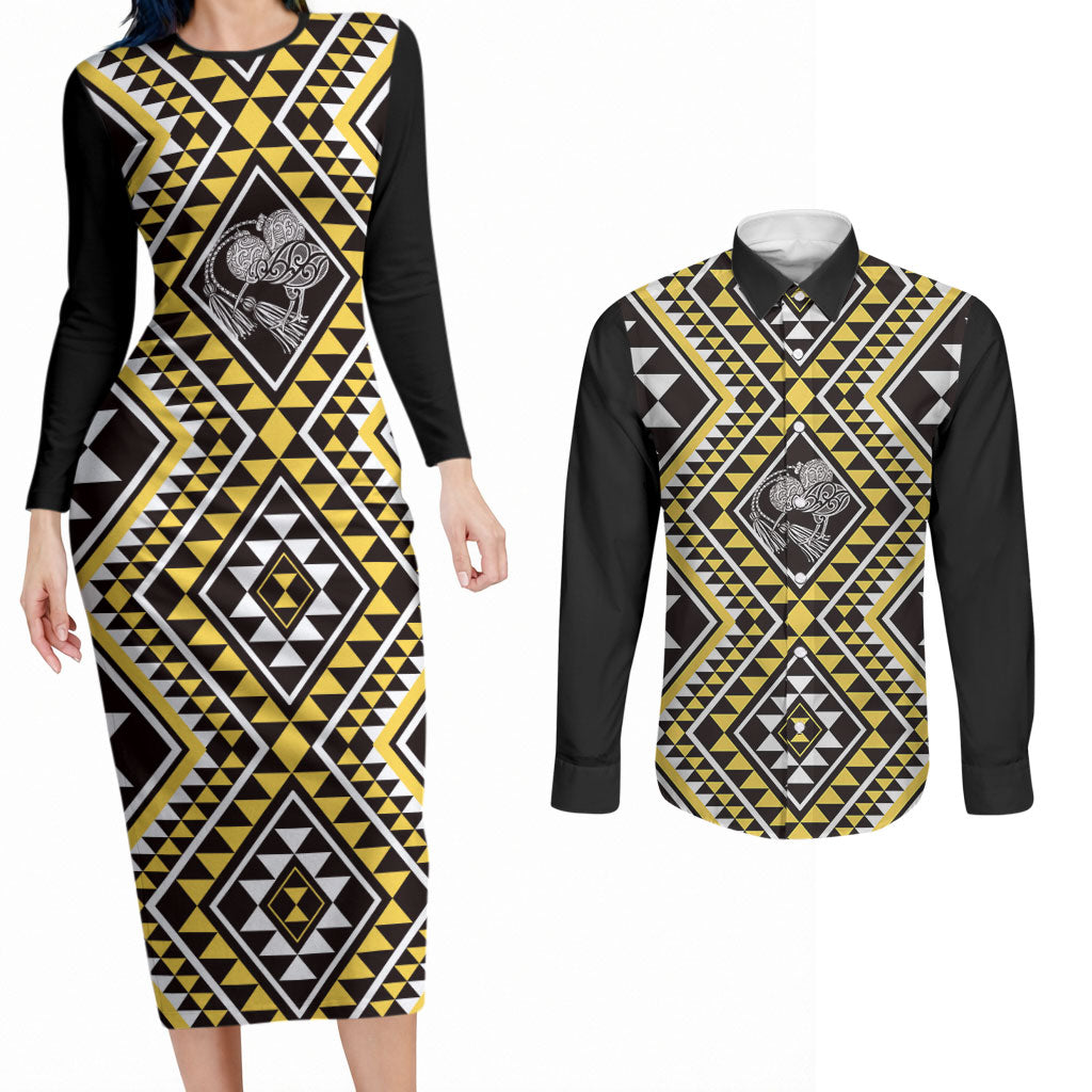 New Zealand Kowhai Taniko Motifs Couples Matching Long Sleeve Bodycon Dress and Long Sleeve Button Shirt Maori Poi Dance Costume Inspired