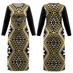 New Zealand Kowhai Taniko Motifs Couples Matching Long Sleeve Bodycon Dress and Long Sleeve Button Shirt Maori Poi Dance Costume Inspired