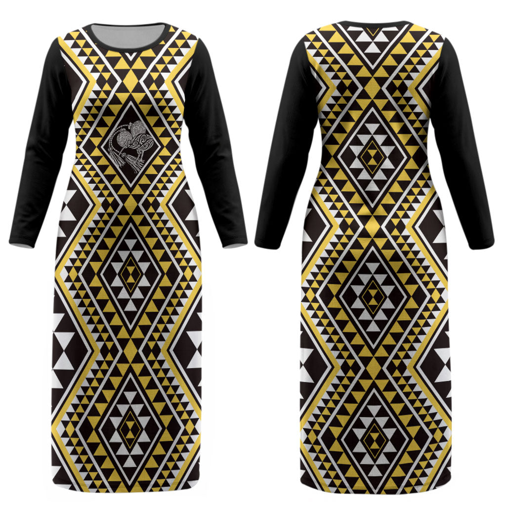 New Zealand Kowhai Taniko Motifs Couples Matching Long Sleeve Bodycon Dress and Long Sleeve Button Shirt Maori Poi Dance Costume Inspired