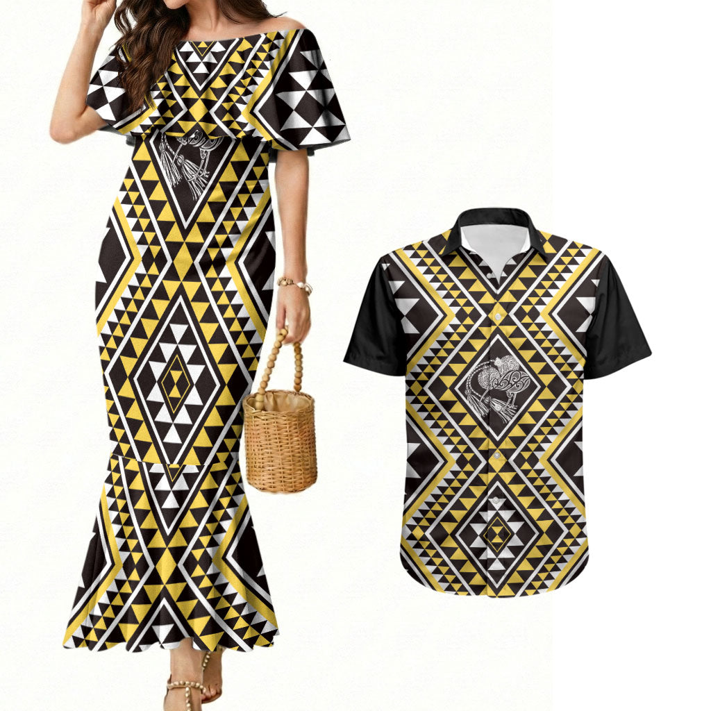 New Zealand Kowhai Taniko Motifs Couples Matching Mermaid Dress and Hawaiian Shirt Maori Poi Dance Costume Inspired