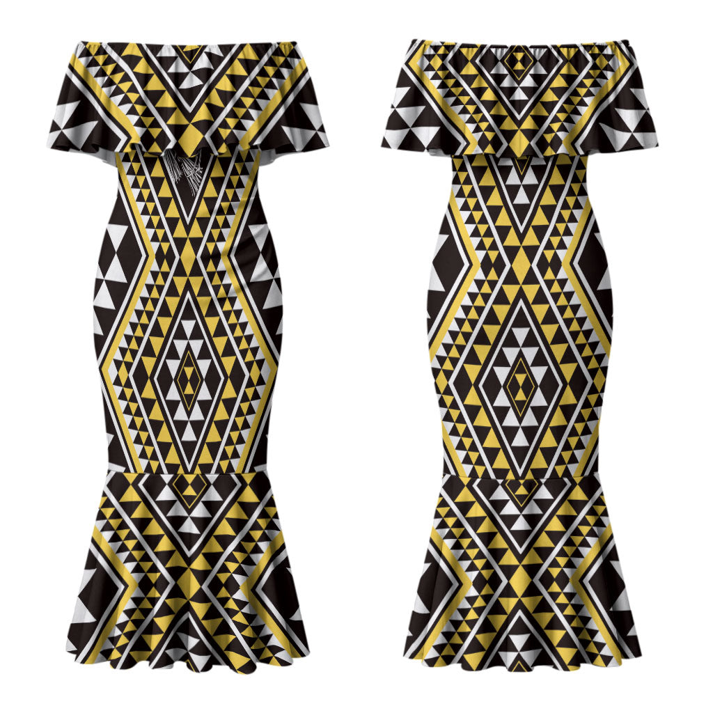 New Zealand Kowhai Taniko Motifs Couples Matching Mermaid Dress and Hawaiian Shirt Maori Poi Dance Costume Inspired