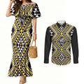 New Zealand Kowhai Taniko Motifs Couples Matching Mermaid Dress and Long Sleeve Button Shirt Maori Poi Dance Costume Inspired