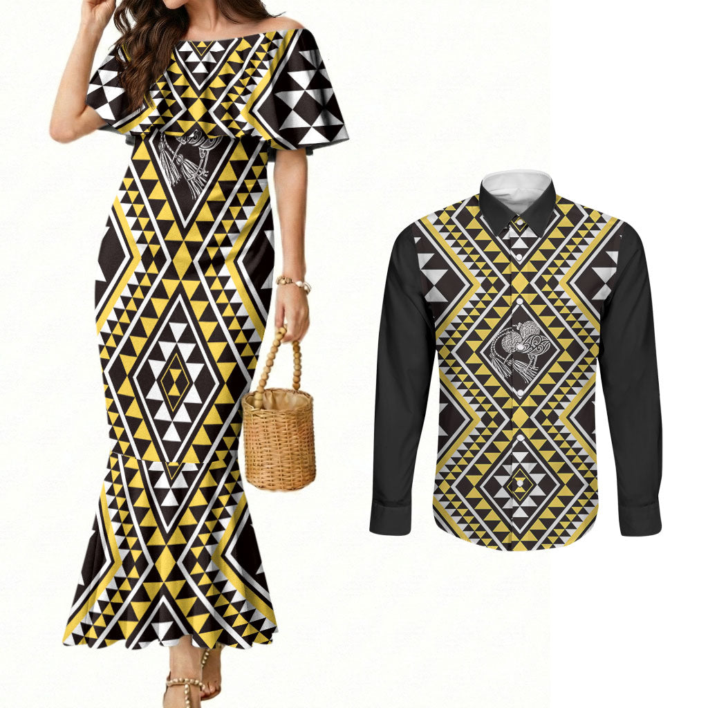 New Zealand Kowhai Taniko Motifs Couples Matching Mermaid Dress and Long Sleeve Button Shirt Maori Poi Dance Costume Inspired