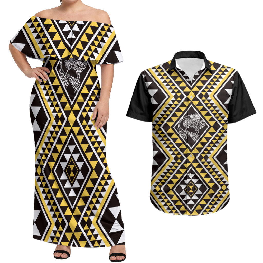 New Zealand Kowhai Taniko Motifs Couples Matching Off Shoulder Maxi Dress and Hawaiian Shirt Maori Poi Dance Costume Inspired