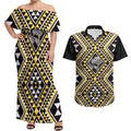 New Zealand Kowhai Taniko Motifs Couples Matching Off Shoulder Maxi Dress and Hawaiian Shirt Maori Poi Dance Costume Inspired