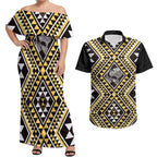 New Zealand Kowhai Taniko Motifs Couples Matching Off Shoulder Maxi Dress and Hawaiian Shirt Maori Poi Dance Costume Inspired