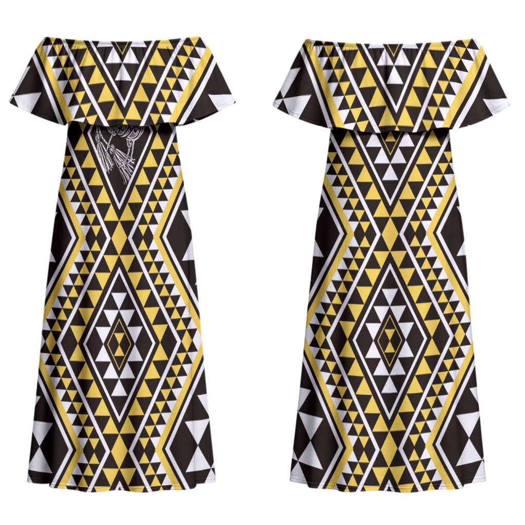 New Zealand Kowhai Taniko Motifs Couples Matching Off Shoulder Maxi Dress and Hawaiian Shirt Maori Poi Dance Costume Inspired
