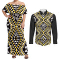 New Zealand Kowhai Taniko Motifs Couples Matching Off Shoulder Maxi Dress and Long Sleeve Button Shirt Maori Poi Dance Costume Inspired