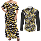 New Zealand Kowhai Taniko Motifs Couples Matching Off Shoulder Maxi Dress and Long Sleeve Button Shirt Maori Poi Dance Costume Inspired