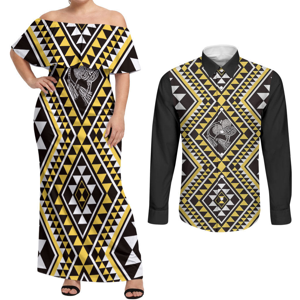 New Zealand Kowhai Taniko Motifs Couples Matching Off Shoulder Maxi Dress and Long Sleeve Button Shirt Maori Poi Dance Costume Inspired