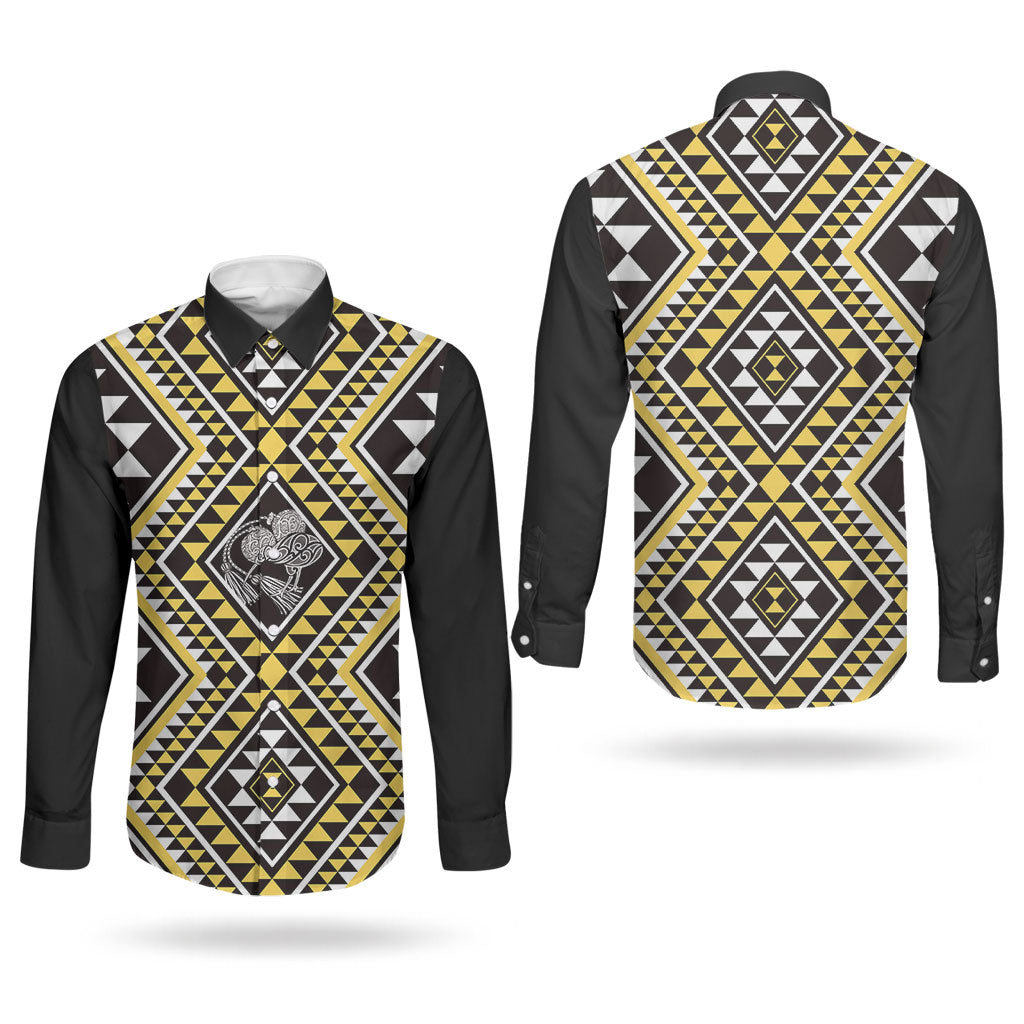 New Zealand Kowhai Taniko Motifs Couples Matching Off Shoulder Maxi Dress and Long Sleeve Button Shirt Maori Poi Dance Costume Inspired