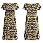 New Zealand Kowhai Taniko Motifs Couples Matching Off Shoulder Maxi Dress and Long Sleeve Button Shirt Maori Poi Dance Costume Inspired
