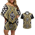 New Zealand Kowhai Taniko Motifs Couples Matching Off Shoulder Short Dress and Hawaiian Shirt Maori Poi Dance Costume Inspired