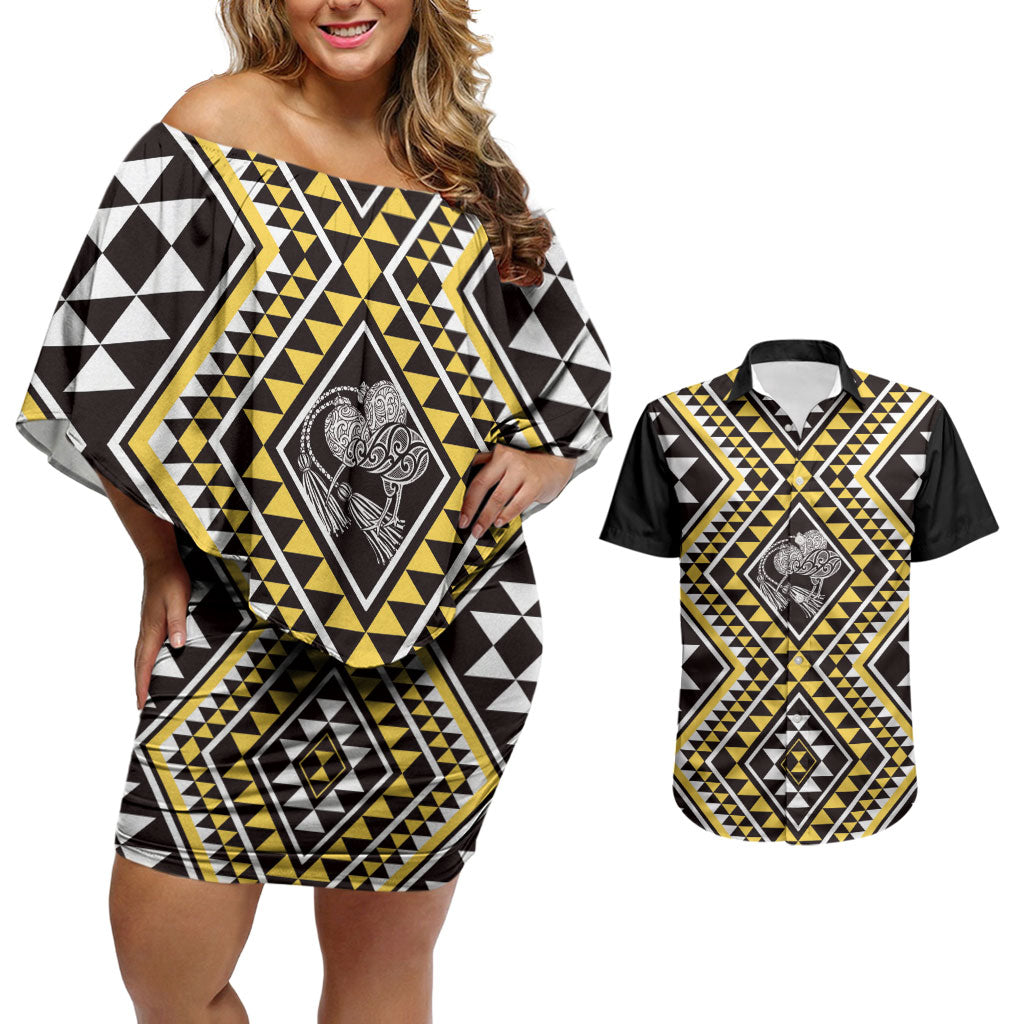 New Zealand Kowhai Taniko Motifs Couples Matching Off Shoulder Short Dress and Hawaiian Shirt Maori Poi Dance Costume Inspired