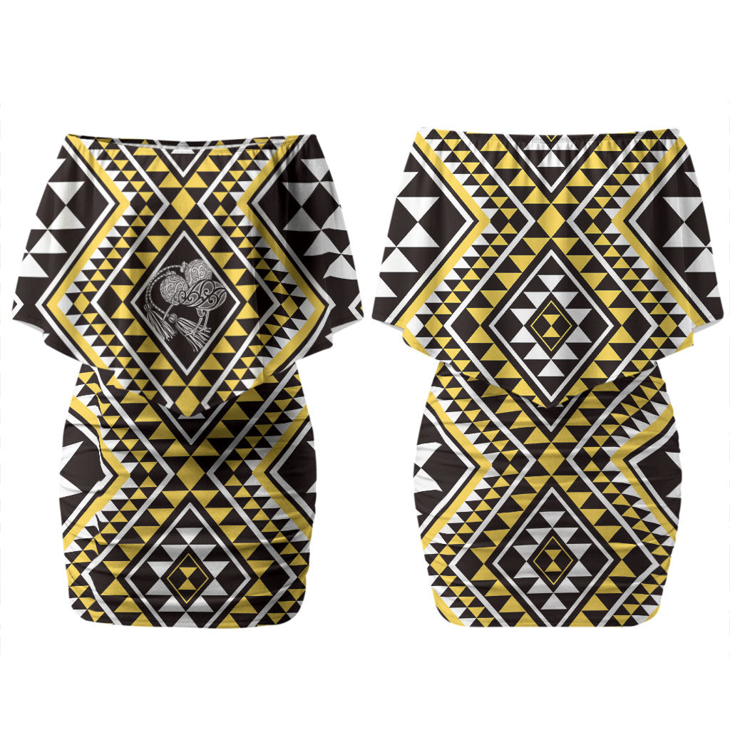 New Zealand Kowhai Taniko Motifs Couples Matching Off Shoulder Short Dress and Hawaiian Shirt Maori Poi Dance Costume Inspired