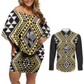 New Zealand Kowhai Taniko Motifs Couples Matching Off Shoulder Short Dress and Long Sleeve Button Shirt Maori Poi Dance Costume Inspired