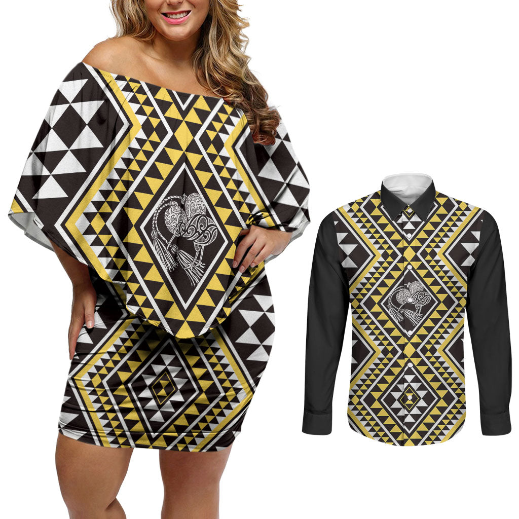 New Zealand Kowhai Taniko Motifs Couples Matching Off Shoulder Short Dress and Long Sleeve Button Shirt Maori Poi Dance Costume Inspired