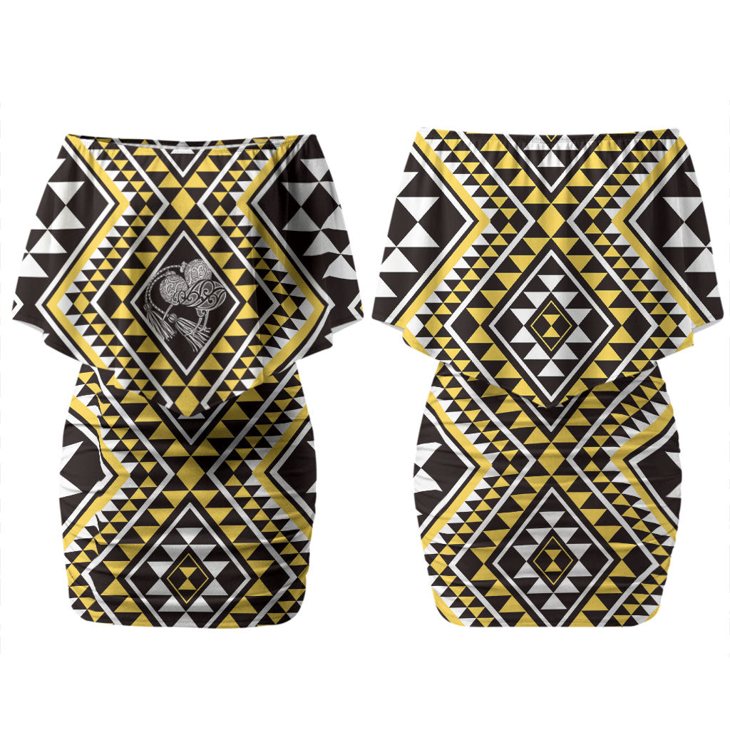 New Zealand Kowhai Taniko Motifs Couples Matching Off Shoulder Short Dress and Long Sleeve Button Shirt Maori Poi Dance Costume Inspired