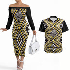 New Zealand Kowhai Taniko Motifs Couples Matching Off The Shoulder Long Sleeve Dress and Hawaiian Shirt Maori Poi Dance Costume Inspired